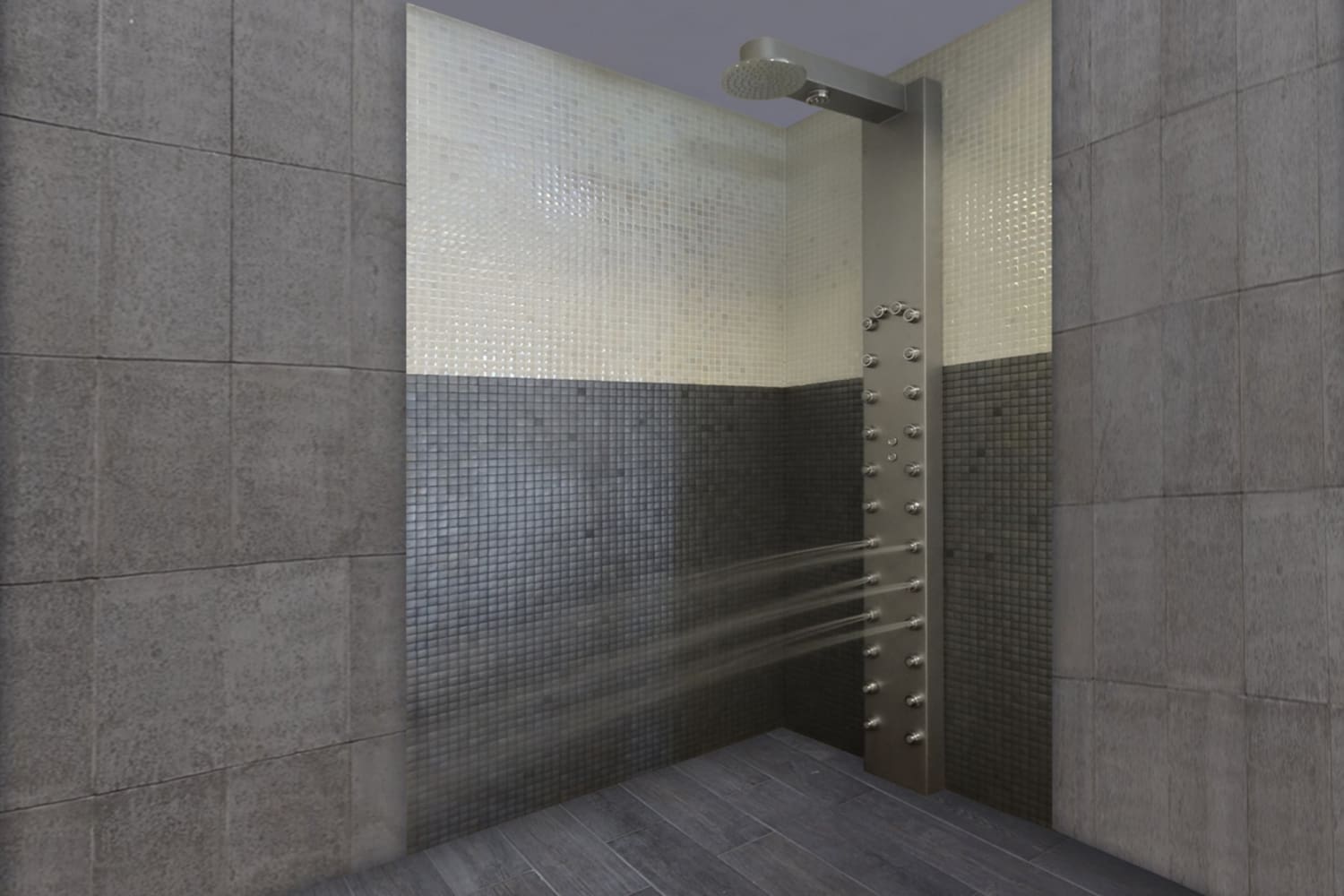 Ducha multisectorial, elige Inbeca Ducha multisectorial en centro wellness con pared de obra y mosaico. Elige Inbeca.